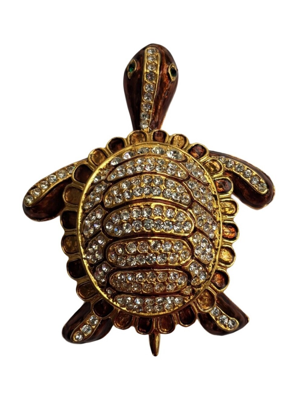 ​HUGE Vintage Gold Rhinestone Turtle Brooch Enamel Pin XL